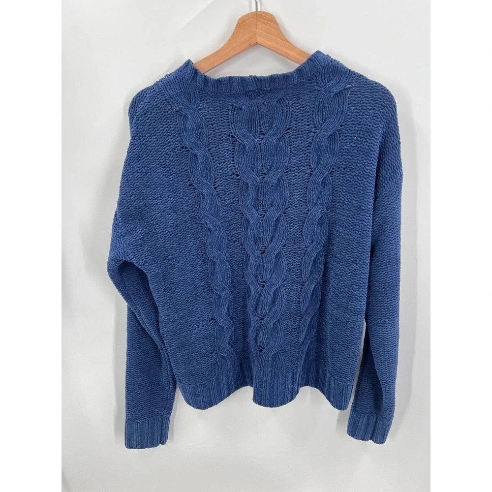 American Eagle Pullover Sweater Chunky Cable Knit Navy Blue Crew Neck Womens XS